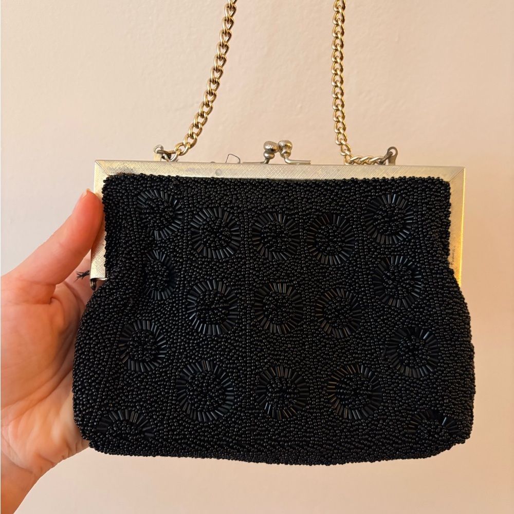 Vintage Black Beaded Evening Clutch and Shoulder Purse - Picture 2 of 6